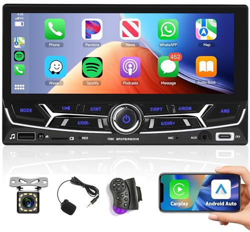 Rimoody Carplay Autoradio 2 Din mit Android Auto Bluetooth Freisprecheinrichtung 6.86 Zoll Touchscreen Autoradio mit Mirror Link Bluetooth FM/USB/AUX/TF/Type C/EQ/DVR Lenkradsteuerung + Rückfahrkamera