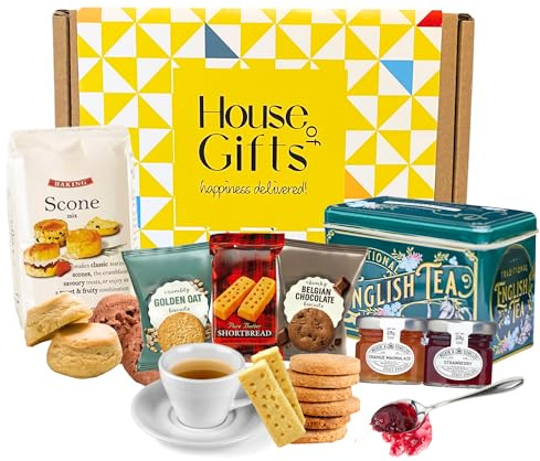 Afternoon Tea Hamper With Scones Mix, 40 Tea Bags, Jam and Traditional Scottish Shortbread & Biscuits | Cooking Food gift For Mum, Dad, Grandparents
