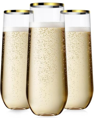 Maaacute Confezione da 48 flute da champagne, in plastica, usa e getta, senza stelo, senza stelo, con bordo dorato, bicchieri da tostatura in plastica trasparente per feste, matrimoni, compleanni