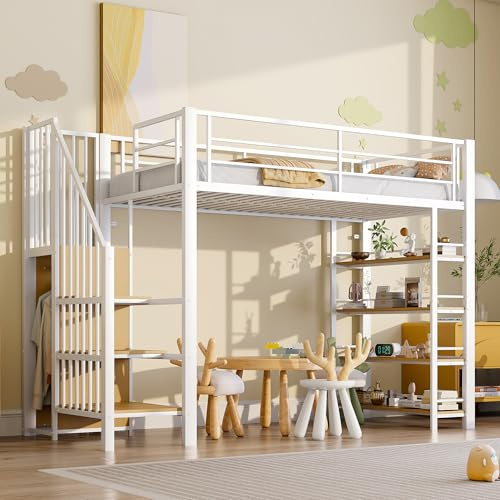 WIZBED Hochbett Metallbett 90x200cm mit Kleiderschrank, Treppe und 4 Regalen, Bettrahmen Etagenbett mit Lattenroste aus Metall, Jugendbett,Weiß ohne Matratze