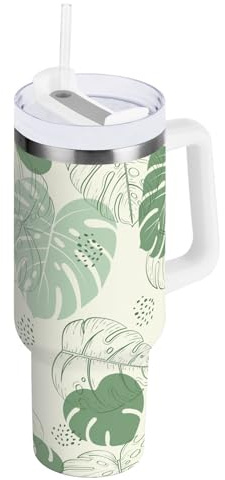 susiyo Vaso de acero inoxidable aislado al vacío de 40 onzas con tapa y popote, diseño de hojas de Monstera verde, vaso térmico de doble pared, resistente a fugas, botella de agua, taza de viaje para