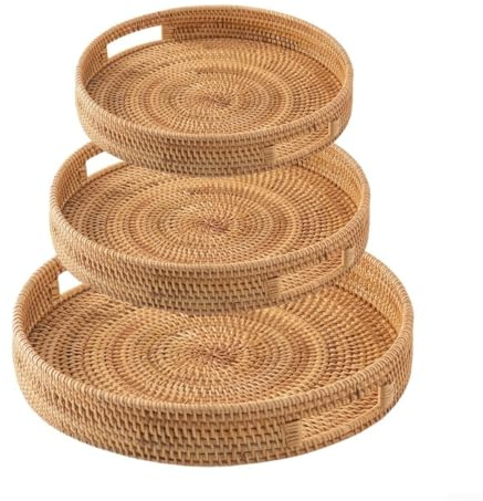 Plateau de service rond en rotin, plateau tissé avec poignées, paniers de rangement en osier pour la maison, la cuisine, le rangement et la décoration (35 cm)