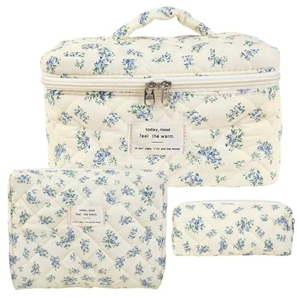 Blumen Make Up Tasche Gesteppte Kosmetiktasche Mit Blumenmuster Und Großem Fassungsvermögen Aus Weichem Baumwollmaterial, Kosmetiktasche Damen Reise Kulturbeutel Set, 3 Stück