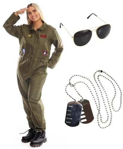 Costume da pilota da donna, taglia S, tuta verde con toppe militari, occhiali da sole, medaglia e targhette, costume da pilota da donna per film TV