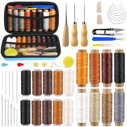 KAMAIKA 71 Stück Leder Nähset, Polsterreparaturset, Professionell Leder Werkzeug, Hochleistungs-Nähset mit LWachsfaden Nähnadeln, Ahle, Wachsfaden, für Handnähen, Reparaturen, DIY Lederhandwerk