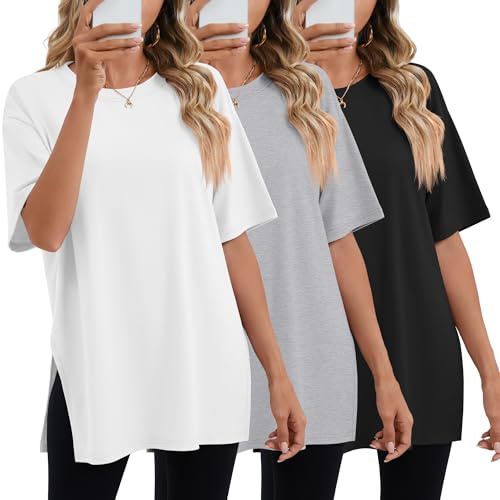 Huukeay 3 Pack Women's Oversized T Shirts Workout Tops, Medium, 3-Color