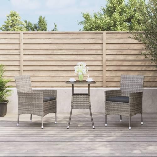 Xichuzi 3-TLG. Garten-Bistro-Set mit Kissen Grau Poly Rattan Bierzeltgarnitur, Gartenbar, Biertisch Bierbänke, Essgruppe, Gartenmöbel Set, Balkonmöbel, 3187418