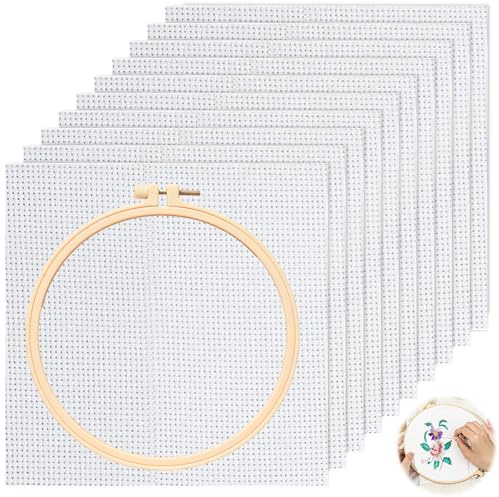 YOUNGSAY 10 Pezzi Tela Aida, 20 x 20cm Tela Aida per Punto Croce, Bianco Punto Croce Ricamo con Telaio Ricamo per Cucito e Artigianato Fai Da Te