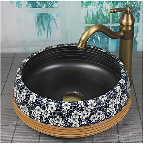 WOTZOV Badezimmerwaschbecken, rundes Badezimmer-Waschbecken, Aufsatzwaschbecken aus Porzellan und Keramik, Kunstwaschbecken