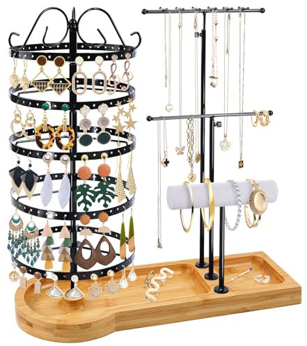 Schmuck-Organizer-Ständer mit Bambus-Basis, drehbarer Ohrringhalter aus Metall, multifunktional, verstellbar, Halskettenhalter, Armband, Uhrenhalter für Schmuck, Ohrringe, Ringe