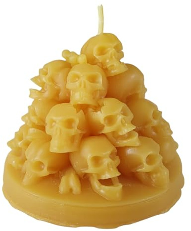 Bienenwachskerze Totenkopfkerze Pyramide 8 cm Halloween — handgegossene Skull-Haufen-Skulptur viele Schädel, Made in Germany