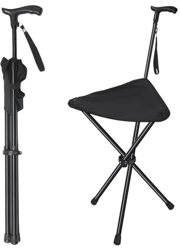 FATTCHIAR Cane with Seat, Adjustable Height 34.2-39.7 Walking Stick with Seats, Cane Chair Capacity 220lbs, Folding Lightweight Portable Stool for Adults Seniors Camping Hiking-Black No Light