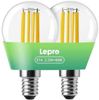 Lepro E14 Golf Ball Bulb, A-Rated Ultra-efficient SES Bulb, 2.2W = 40W, 470lm, Warm White 2700K, 50000H Lifespan, Small Edison Screw, Clear Filament, Vintage Glass, Pack of 2