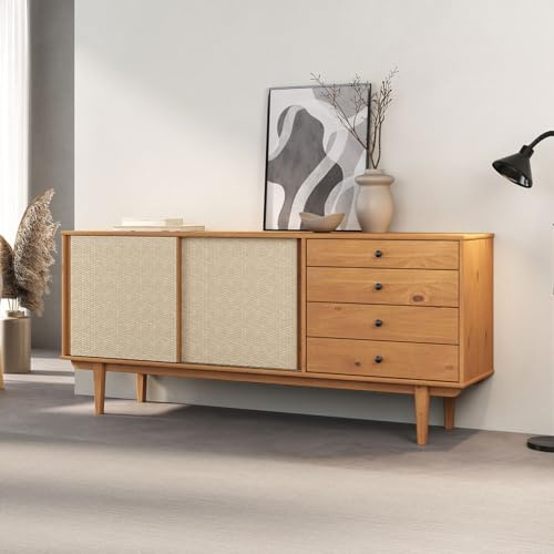 IDIMEX Sideboard Simona mit Rattan-Geflecht 175cm, eicheoptik – 4 Schubladen und 2 Schiebetüren, Flurkommode mit Einlegeboden, Wohnzimmer