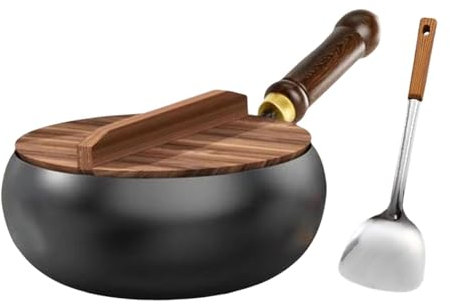 SZLIFE Iron Wok Pan Sketet Fotar Fott with Couvercle et bêche, wok chinois, poêle à frire pour le restaurant de camping maison de cuisine de cuisine de, 30cm