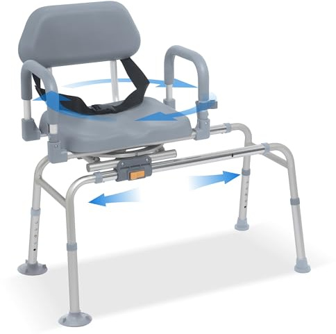 PIDOSO Sliding Shower Chair with Swivel Seat, Rotating Tub Transfer Bench Shower Bench with Padded Seat and Backrest for Elderly and Disabled, Gray