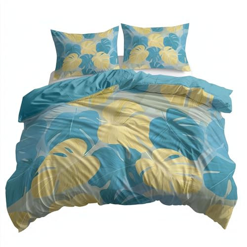 Soft Simple Soft Monstera Leaves Printed Duvet Cover, Beige Reversible Doublesided Quilt Cover, Brushed Microfiber 200 × 200 cm Bedding Set with Pillowcase (Double Size)