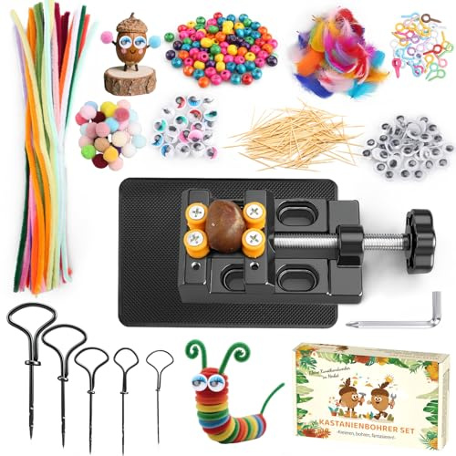 InemzTal Kastanienbohrer Kinder Set mit Kastanienhalter und DIY Bastel Zubehör,Kastanienset zum Basteln mit Kastanien, Herbst Kastanienmännchen DIY Set mit 5 1.5-5mmBohrer Kastanien