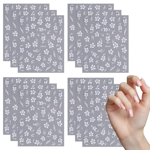 Ziyonix 12 Fogli 3D Fiori Adesivi Unghie, Autoadesivi Nail Art Decorazioni Manicure Nail Stickers per Unghie Donna Ragazze