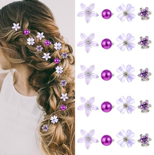 20 pezzi Mini fermagli per capelli a forma di fiore, clip per capelli con perle e strass, accessori per capelli per donne e ragazze, mini fermagli per uso quotidiano, feste, matrimoni (Viola)