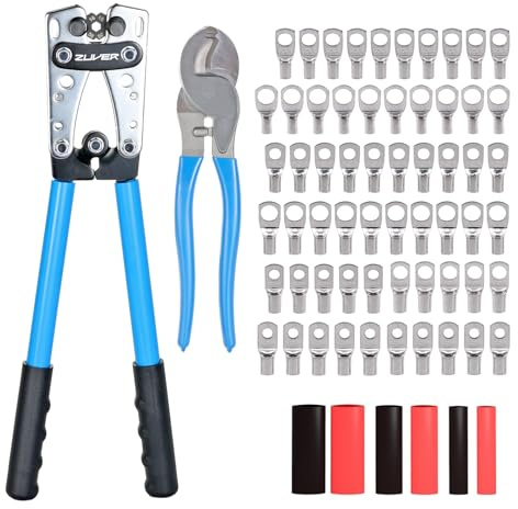 ZUVER Heavy Duty Battery Lug Crimper Kit with Cable Cutter Includes 60 Tinned Heavy Duty Copper Lugs and 60 Heat Shrink Tubes for AWG 8-1/0 Cables