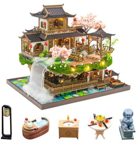 Mini Chinesische Fairyland Villa Mini Puppenhaus Möbel, DIY Miniatur Puppenhaus Kit mit LED Licht, Maßstab 1:24 Kreativer Raum für Romantisches Geburtstags Xmas Geschenk