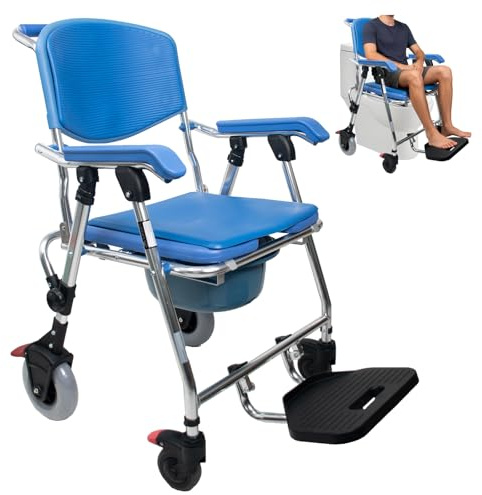 BOVDC Duschstuhl mit Rollen Klappbar | 3-In-1 Blau Toilettenstuhl für Senioren mit Rollen, 150kg Dusch Toilettenstuhl Fahrbar Aluminiumlegierung mit Urinal