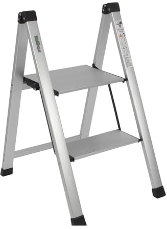 TRUTZHOLM Alu Trittleiter 2-stufig klappbar bis 150 kg Traglast Aluminium Silber Anti-Rutsch Trittflächen TÜV/GS Klapptritt 3,2 kg leicht platzsparend 5 cm schmal Ideal für Haus und Werkstatt