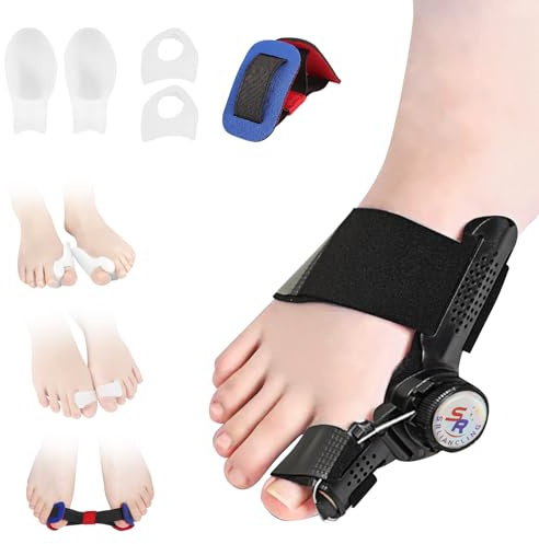 LURICO Einstellbarer Hallux Valgus Korrektur Set, Verstellbarer Ballenzeh Korrektor mit Drehknopf Schiene Zehenspreizer mit Zehenstreckerband, Silikon Zehenspreizer Reduziert Hallux Valgus Belastung