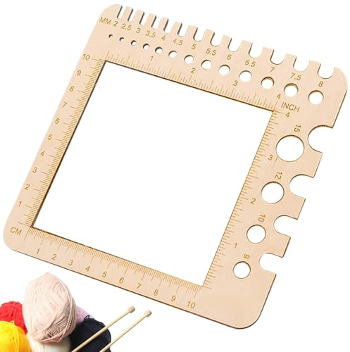 Simsky 1 Stück Stricknadelmaß aus Holz, 2-in-1 Nadelmaß & Lineal zur Messung von Strick- und Häkelnadeln, Inklusive Garnstärken-Messwerkzeug und Maschenprobe 15x15 cm