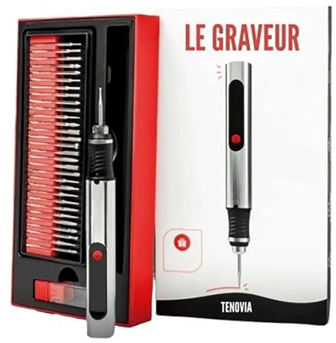 Tenovia Kit Complet de Gravure Électrique – Le Graveur, Stylo Graveur Tenovia, Mini Outil De Gravure Portable, Livré Avec 30 Têtes De Gravure Et 5 Gabarits