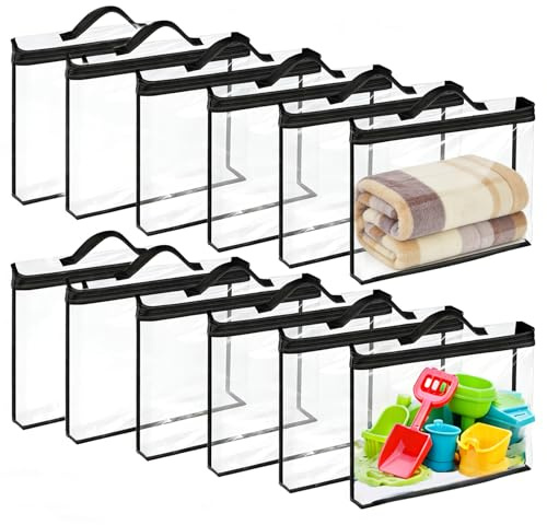 12 st förvaringspåsar för leksaker i transparent vattentätt PVC med dragkedja och handtag, för badleksaker, pussel, byggklossar, klossar och barnböcker