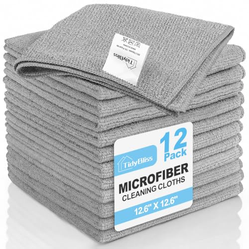 TidyBliss Mikrofasertücher 12 Stück, Microfasertücher Putzlappen 32 x 32 cm, Wiederverwendbar Mikrofaser Putztücher, Geschirrtücher für Haus Küche Badezimmer Auto Fenster (Grau)
