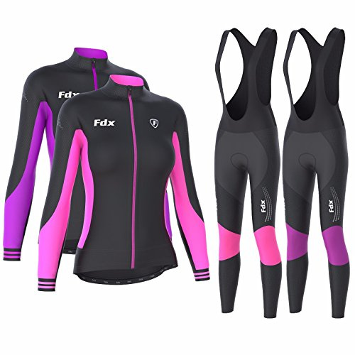 FDX Women’s Cycling Winter Kit Thermal Jersey & Bib Tights Set Padded 3D Gel Pad Italian Roubaix Fleece Lined Windproof Waterproof Breathable Cycling Suit with Reflective Details(Black/Pink, Large)
