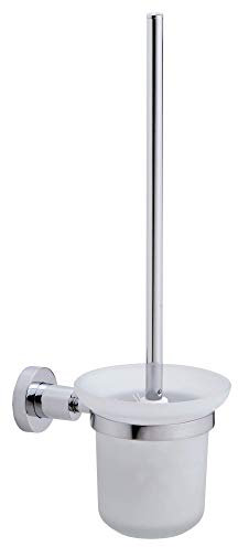 tesa LOXX WC-Garnitur, satiniertes Glas und verchromter Edelstahl - Toilettenbürsten-Set zur Wandbefestigung ohne Bohren, inkl. Klebelösung - 117 mm x 390 mm x 165 mm