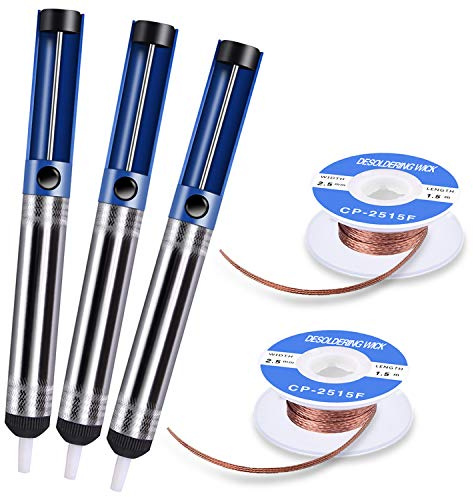 Tabiger 5-in-1 Desoldering Pump & Solder Wick, Solder Removal Tool Including 3pcs Solder Sucker Remover Pump and 2pcs Desoldering Wick Solder Braid Wire (2.5mm Width, 1.5m Length)