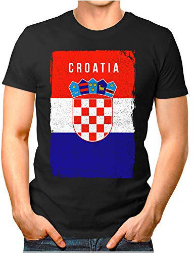 OM3® - Croatia-flagga vintage – herr t-shirt | Kroatien Hrvatska flagga fotboll fanshirt sport tröja | S – 4XL, svart, 3XL