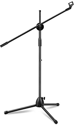 Queiting Microphone Stand Boom Adjustable Straight Collapsible Studio Holder with Free Tripod Telescoping Mic Clip Adapter Tripod Base for Musicians Party Stage Black