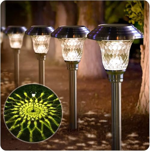 BEAU JARDIN 4 Pack Metal Garden Solar Lights Outdoor Waterproof 900mAh LED Solar Stake Lights Weatherproof Glass Lens Stainless Steel Pathway Lighting Sun Powered Landscape Lawn [Energy Class A]