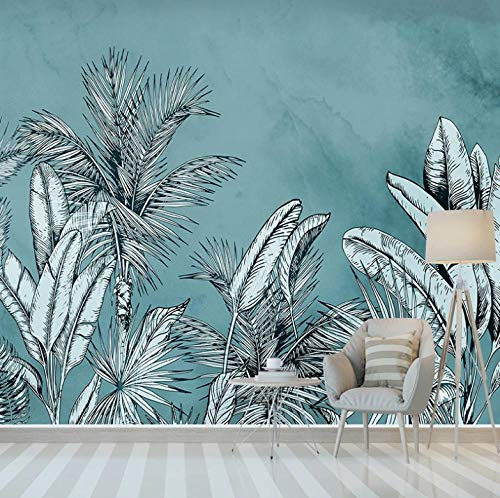Papier Peint 3D Mur Deco Feuille De Bananier Plante Tropicale Aquarelle Bleue 400X280Cm Poster Geant Photo Mural Intissé Autocollant Tableaux Muraux Salon Chambre Décoration