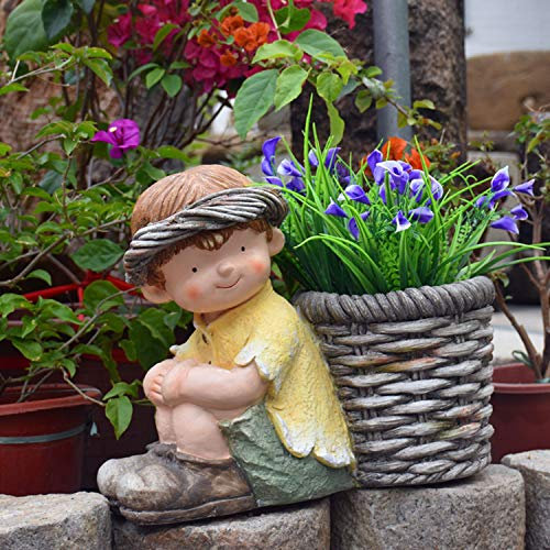 ZNKZJ Sculptures Boy Planter Succulent Plant Pot，Girls Statues Flower Pot Garden Ornament,Outdoor Container Planter Gnome Home Decoration,Boy