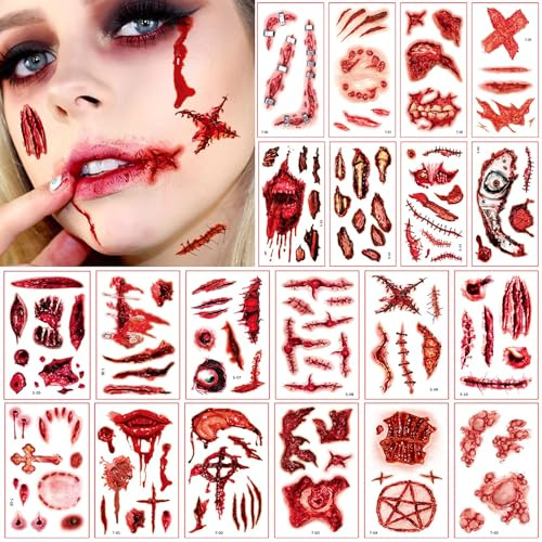 120+ Stck Gesichtstattoo karneval Kostüm Zombie Make Up Zubehör, Vampirzähne Tattoo Gesicht,Fasching Schminke Wunden Narben Tattoo Karneval Schminke,Gruselig Make up Requisiten