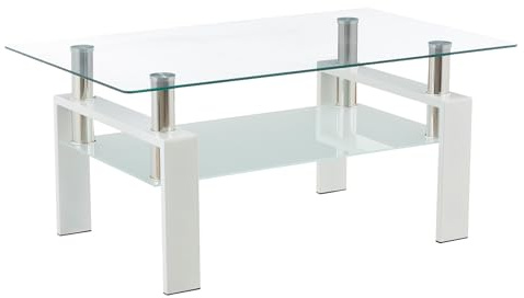 MOG CASA - Mesa de Centro 100 x 60 x 44 cm Porter, Mesa de Cafe Rectangular con Vidrio Templado Transparente 6 mm y Estructura Blanca, diseño Elegante, para salón y Zona Lounge