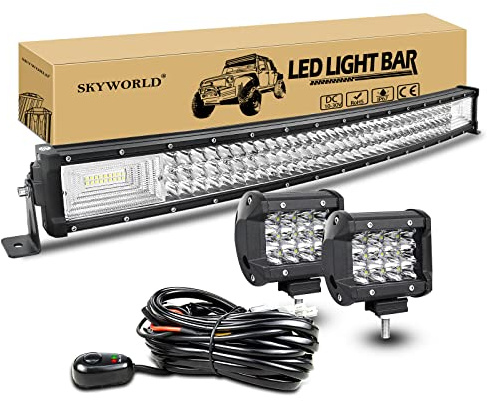 SKYWORLD 32 Zoll LED Arbeitsscheinwerfer Bar Gebogen Off-Road Zusazuscheinwefer 12V 24V, 2 X 4 Zoll Spot Led Scheinwerfer Arbeitslichtleiste + Kabelbaum Kit für 4x4 4WD Traktor LKW ATV UTV Fahrzeuge | 80 cm 405W Dreireihige Lightbar, 2 Pcs 4 Zoll 36W Spot Offroad Scheinwerfer für Auto 4x4 4WD Traktor LKW ATV UTV Fahrzeuge