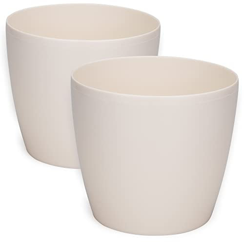 PECZEKO Macetas Brillantes Macetas Decorativas Hierbas Macetas Redondas de plástico duraderas y Ligeras para salón, Comedor, Cocina, terraza, balcón Juego de 2 Piezas (cremoso, diámetro 25 cm)