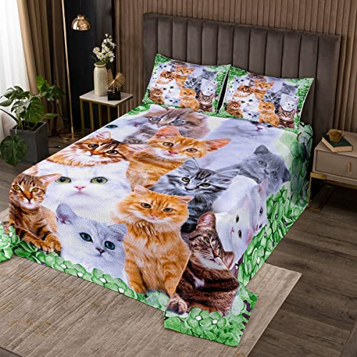 Cute Cat Kids Cartoon Pet Cats Toddler Quilted Coverlet Set for Boys Girls Duvet 3D Green Flowers Kitten Cover Glasses Cat Lover'S Decor 3Pcs King