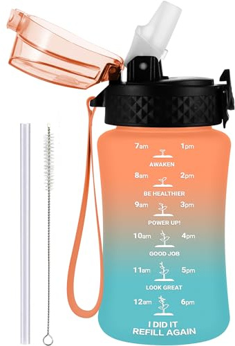 GOPPUS 350ml/12oz Kids Water Bottle With Straw Tritan Drinks Bottle with Strap Small Toddler Juice Bottles with Flip Top Lid Leakproof Children's Cup with Time Marking BPA free Girl Boy (Orange Green)