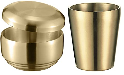 UPTALY 1 bol à céréales avec couvercle, 1 tasse à café (couleur dorée, grand type A), vaisselle épaisse en acier inoxydable 18/10, isolation thermique à double paroi, bol à riz avec soucoupe