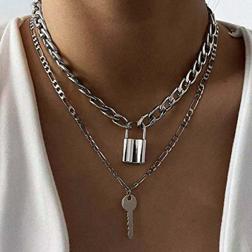 Atentuyi Punk Chain Cuban Chunky Choker Silver Layered Necklaces Lock Necklace Pendant Key Necklaces Flat Curb Link Chain Thick Chain Multilayer Collar Necklace Jewelry for Women and Girls