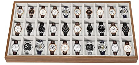 LOYALHEARTDY 30 Grid Watch Jewelry Tray Organizer Wooden Box Organizer Display Tray Watch Bracelet Display Holder with Removable Pillow for Men & Women Storage and Display